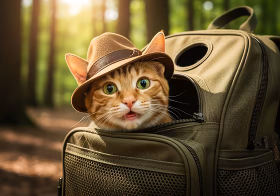 A happy tabby cat wearing a tiny explorer's hat, peeking out of a cat backpack in a beautiful forest setting.