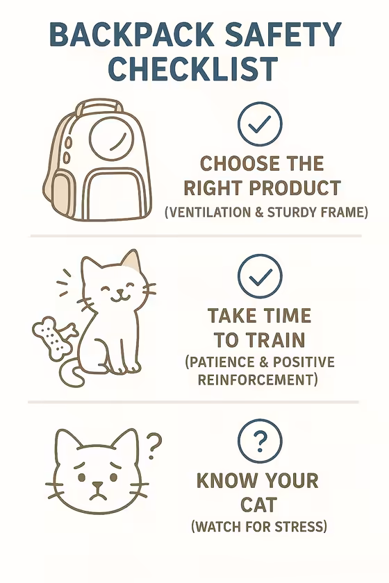 A summary infographic with three key takeaways for cat backpack safety: Choose the right backpack, take time to train your cat, and know your cat's personality.