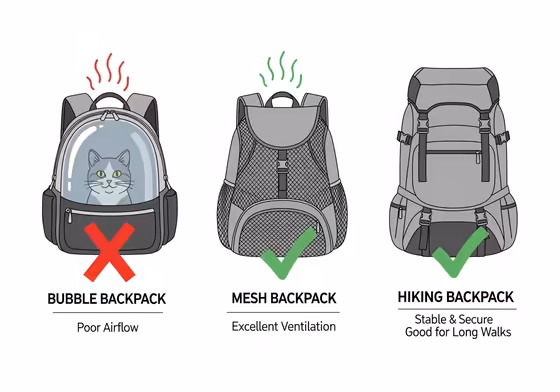 Comparison of a bubble backpack, a mesh backpack, and a hiking backpack for cats, highlighting the pros and cons of each design.