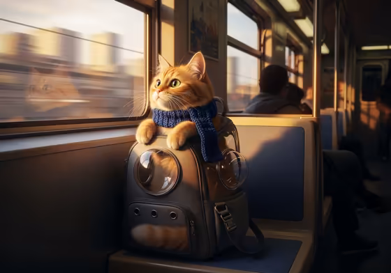 A cute cat sitting politely inside an open backpack carrier on a subway seat, looking out the window as the city passes by.