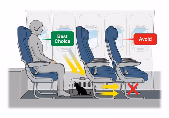 Diagram showing the correct placement of a cat carrier under a window seat on an airplane.