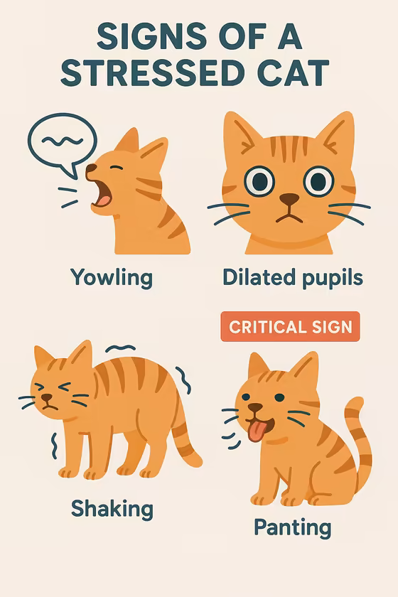 Infographic showing common signs of cat anxiety: yowling, wide pupils, panting, and shaking.