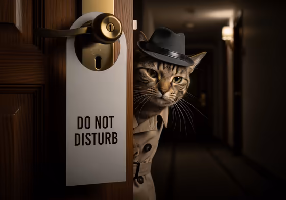 A playful photo of a cat wearing a detective hat peeking around a hotel room door with a Do Not Disturb sign hanging from the knob.