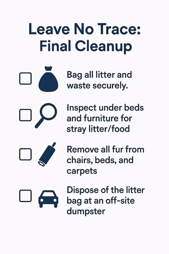A checklist infographic for cleaning the hotel room, including vacuuming fur, cleaning surfaces, and properly disposing of litter off-site.