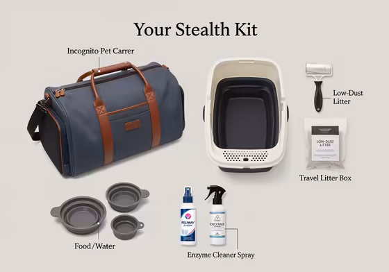 A flat lay visual of essential items for sneaking a cat into a hotel: an incognito carrier, travel litter box, low-dust litter, cleaning supplies, and Feliway spray.