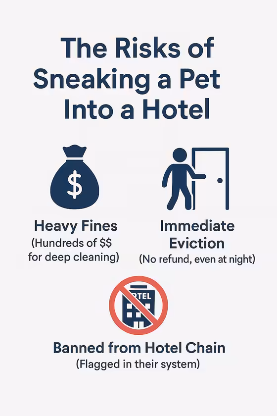 An infographic showing the risks of sneaking a cat into a hotel: a large fine icon, an eviction notice icon, and a banned symbol over a hotel chain logo.